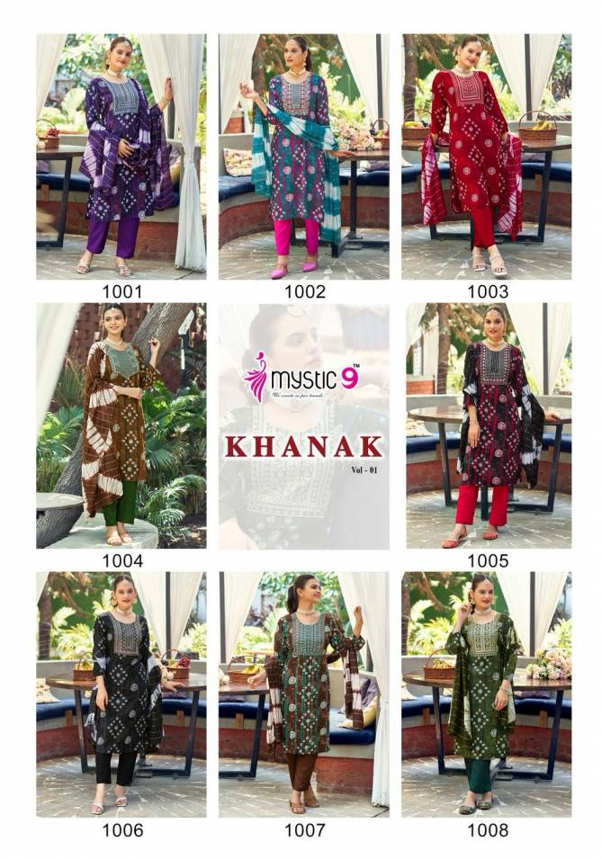 Khanak Vol 1 By Mystic 9 Rayon Embroidery Kurti With Bottom Dupatta Wholesalers In Delhi